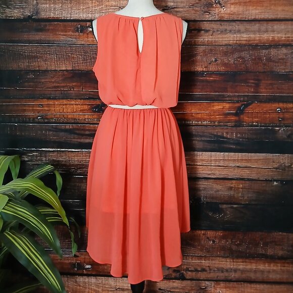 Double Zero Dress Large Belted Elastic Waist Flowy Sheer Lined Hi Low Keyhole - Picture 3 of 11